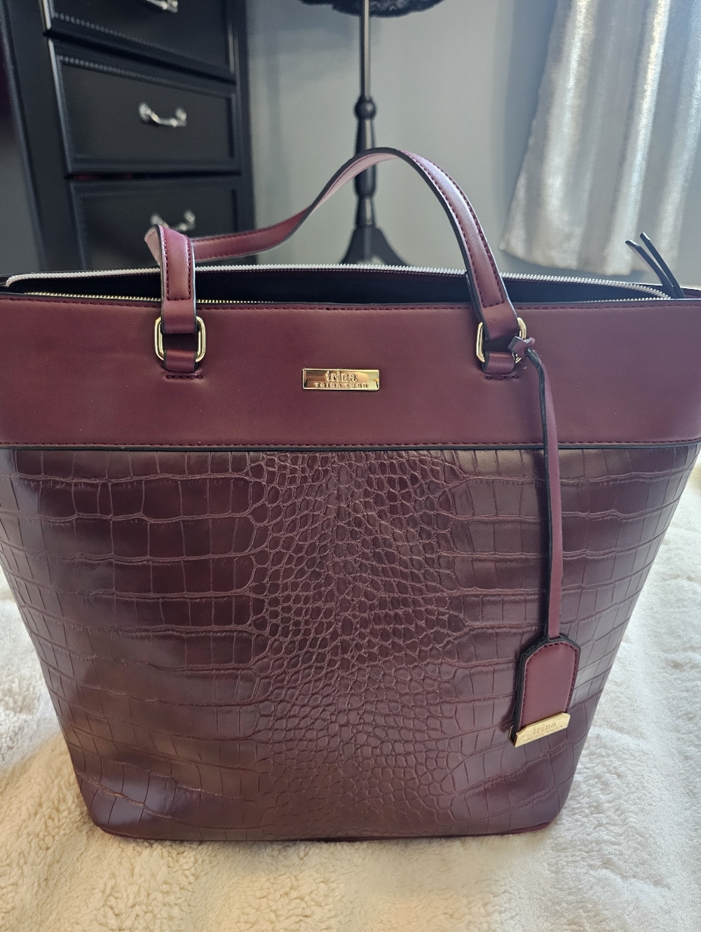 Trina Turk Wine Croc-Embossed Tote with Gold Accents